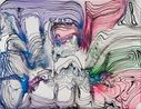 Andrew squatting on the banks of the Helmand River over a hand dug latrine pants around his ankles while trying to pick out the large crabs in his really long white ginger pubic hair by Dale Frank contemporary artwork Painting