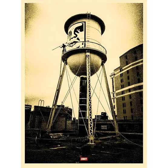 Covert to Overt - Water Tower gold by Shepard Fairey contemporary artwork Works on Paper