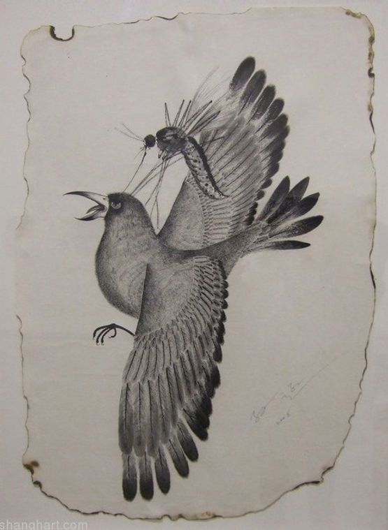 Picture of Mosquito Attack Fly Bird by Sun Xun contemporary artwork Drawing