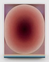 Cadmium red brain on mauve background above blue water by Loie Hollowell contemporary artwork painting