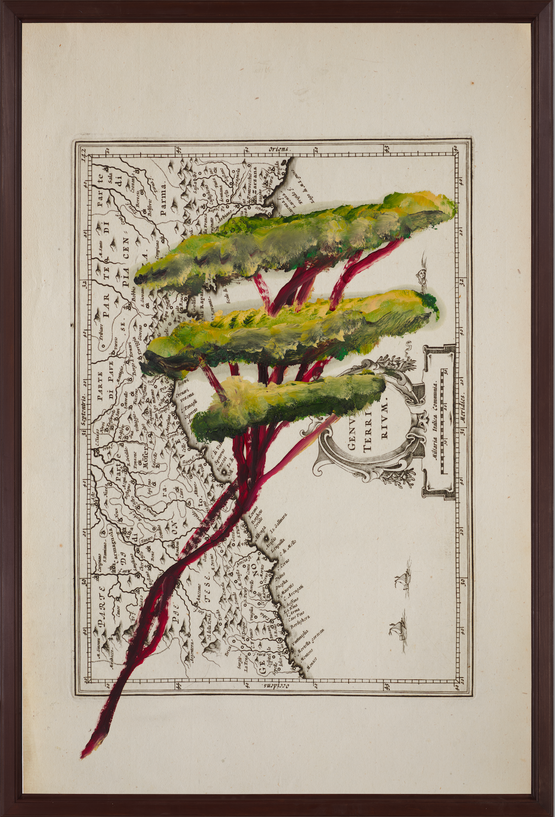 Portrait of Italy Through Its Trees Painting on Map XVIII by Julian Schnabel contemporary artwork Works on Paper