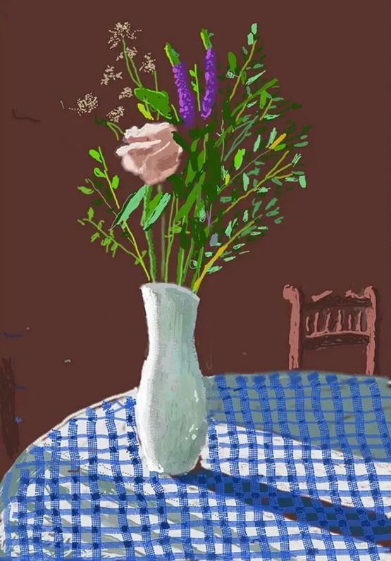 4th February 2021 Flowers in a White Vase with Chair by David Hockney contemporary artwork Works on Paper