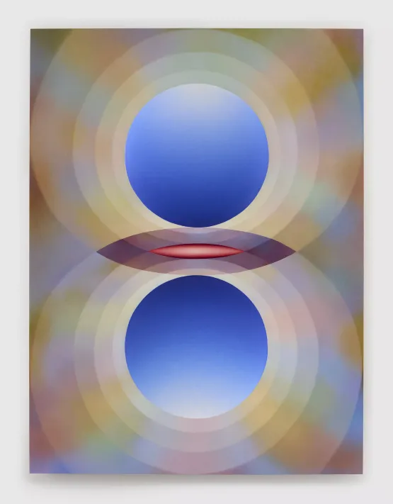 Overview Effect in blue and red with small mandorla by Loie Hollowell contemporary artwork Painting