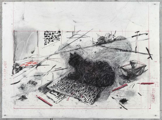 Drawing for A Nicely Built City Cat on newspaper by William Kentridge contemporary artwork Drawing