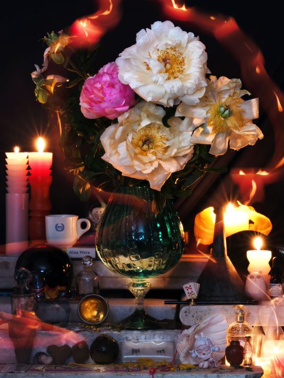 Still Life with Peonies and Makikihi Hotel Cup by Fiona Pardington contemporary artwork Photography