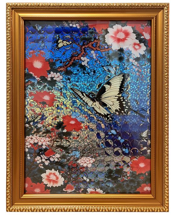 Golden Wings Over Hibiscus Syriacus Heights - Living in a radiant world by Saeko Ehara contemporary artwork Painting