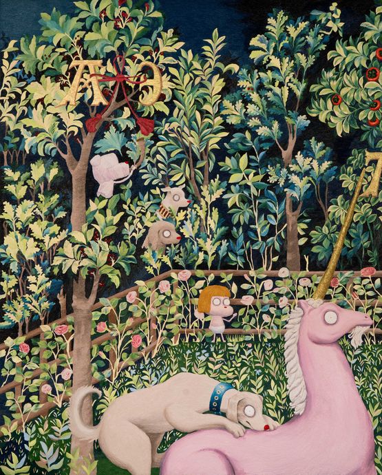 The Unicorn Surrenders to a Maiden by Woo Kukwon contemporary artwork Painting