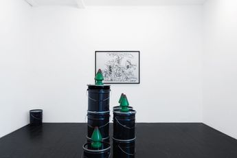 Contemporary art exhibition Paul McCarthy Tree Green Plug Bottle Whisky Bucket Black at UNION GALLERY London United Kingdom