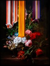 Still life with Flowers in a glass with cricket on a stone ledge by Olan Ventura contemporary artwork painting