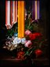 Still life with Flowers in a glass with cricket on a stone ledge by Olan Ventura contemporary artwork Painting
