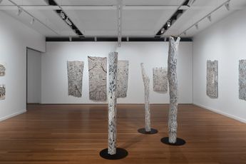 Contemporary art exhibition Yalmakany Marawili Go-Wapitja  the hand that holds the digging stick at Roslyn Oxley9 Gallery Sydney Australia