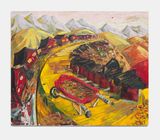 Red Wheelbarrow red houses by Ken Taylor Reynaga contemporary artwork painting works on paper