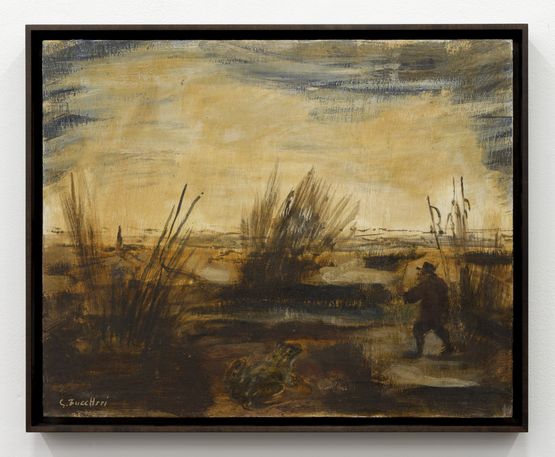 Untitled Palude con rana e figura umana by Luigi Zuccheri contemporary artwork Painting