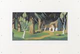 Cel animation background cottage axe forest fir daylight by Julian Irlinger contemporary artwork works on paper