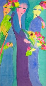 Three Lovely Girls with Fan and Parrot by Walasse Ting contemporary artwork painting works on paper