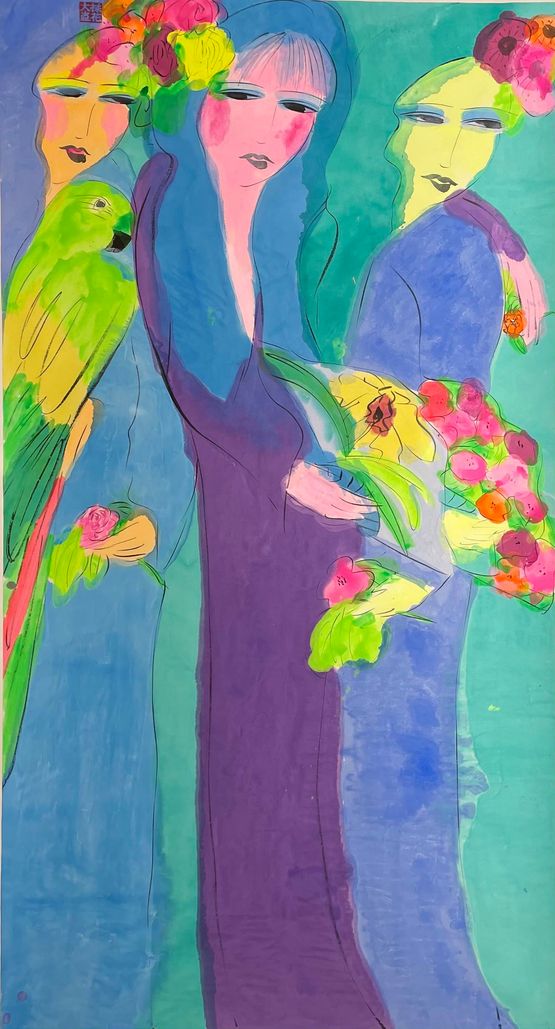 Three Lovely Girls with Fan and Parrot by Walasse Ting contemporary artwork Painting