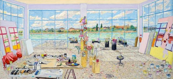 Damien Hirsts Studio by Damian Elwes contemporary artwork Painting