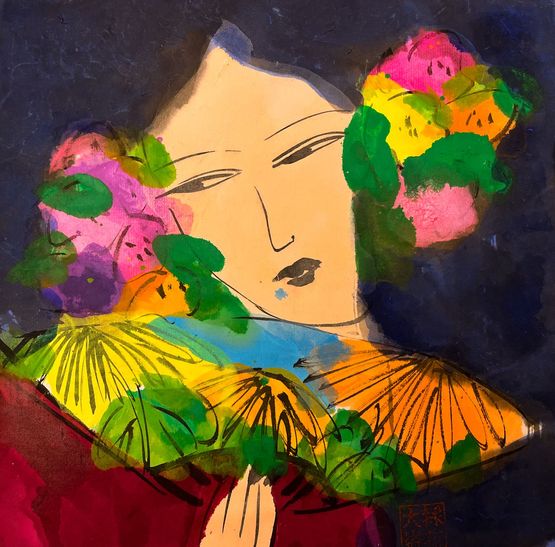 Girl with a Floral Fan 2 by Walasse Ting contemporary artwork Works on Paper