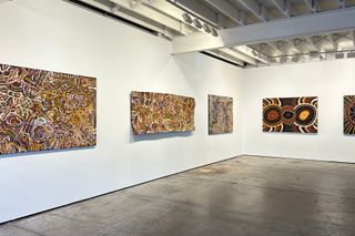 Contemporary art exhibition Munupi Arts Ngini Ngarwulla Kirrijipuni Our Clay - Natural Ochres for Painting and Story at Martin Browne Contemporary Sydney Australia