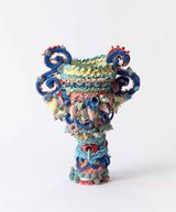 Polychrome urn with blue loopy handles by Ebony Russell contemporary artwork sculpture
