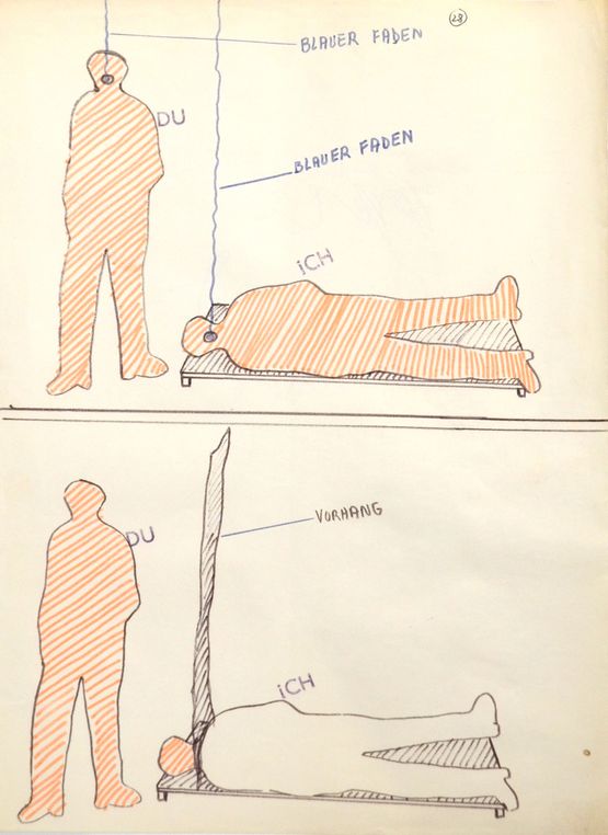 Gesprach zwischen stehender und liegender Person Blauer Faden by Chris Reinecke contemporary artwork Works on Paper