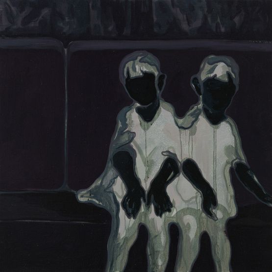 Twins On The Sofa Mirror Image   by Lin Shan contemporary artwork Painting