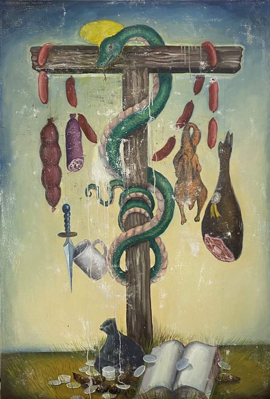 Vegan Crucifixion by Manuel Ocampo contemporary artwork Painting