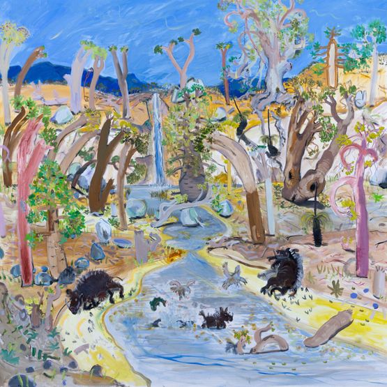 Hogs with Sow at clear creek by Andy Pye contemporary artwork Painting