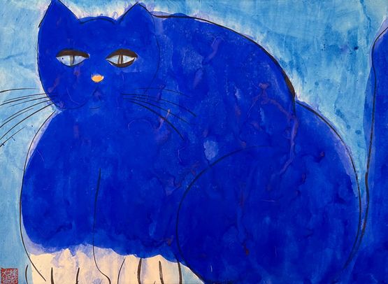 Blue-eyed Blue Cat by Walasse Ting contemporary artwork Drawing