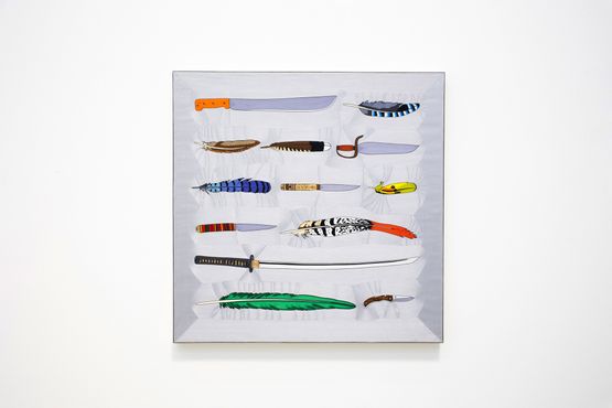 Bring the justice into an oblique line Feathers and knives I by Gabriel Rico contemporary artwork Sculpture
