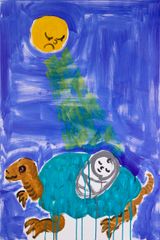 baby on a turtles back unaware of the harsh sun or endless ocean of sadness by Jason Phu contemporary artwork painting