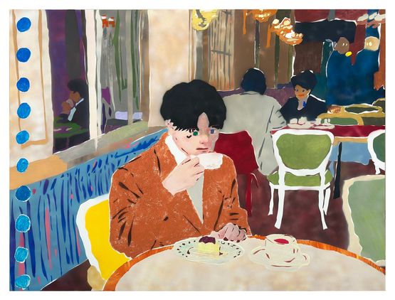 Brown Suit Boy in Cafe by Su Yuming contemporary artwork Painting