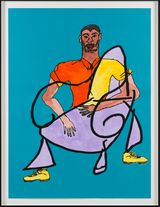 At Home - Man in Two Toned Shirt in Blue Room by Tschabalala Self contemporary artwork drawing painting works on paper