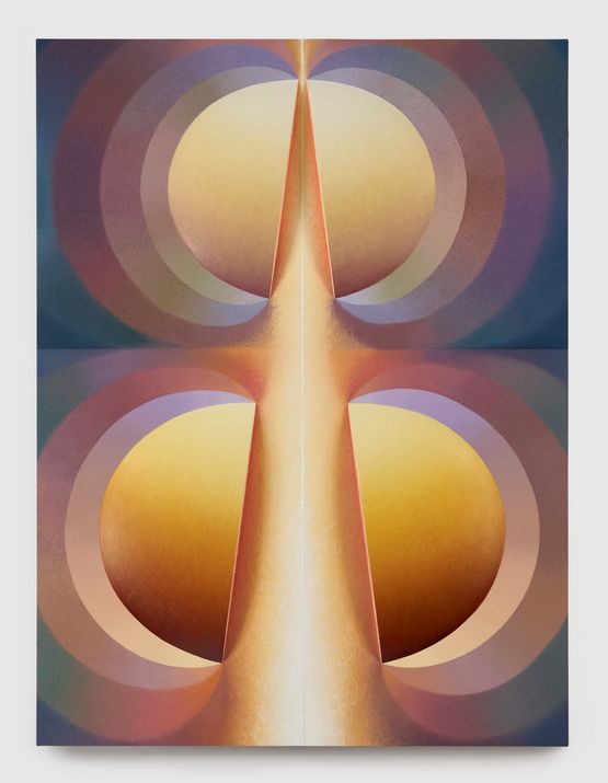 Split Orbs in yellow purple and blue by Loie Hollowell contemporary artwork Painting