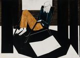 Untitled yellow trousers yellow black background by Iris Schomaker contemporary artwork painting works on paper