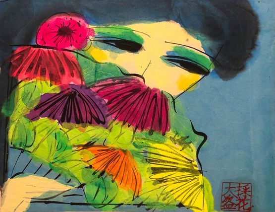 Girl with a Floral Fan by Walasse Ting contemporary artwork Painting