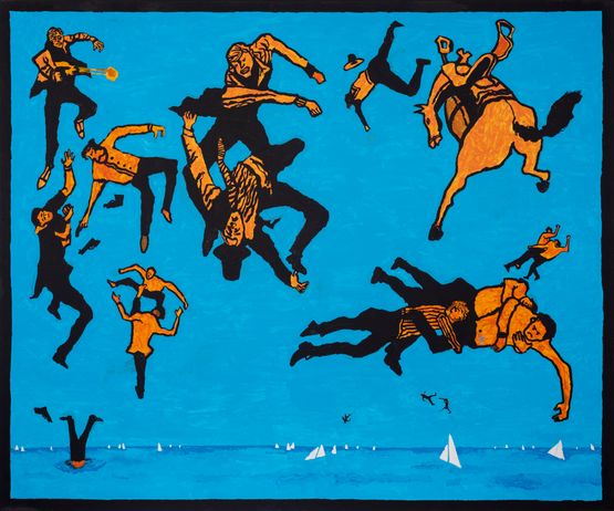 Icarus and Macho Friends by Derek Boshier contemporary artwork Painting