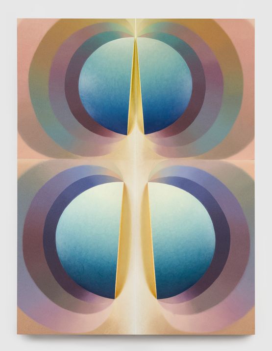 Split Orbs in teal purple pink and yellow by Loie Hollowell contemporary artwork Painting