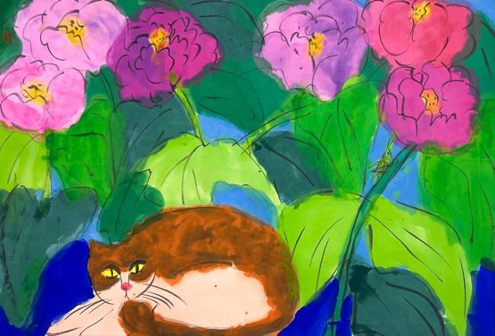 A Ginger Cat under the Shade of Flowers by Walasse Ting contemporary artwork Painting
