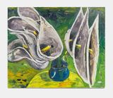 Calla Lilies blue vase yellow table by Ken Taylor Reynaga contemporary artwork painting works on paper