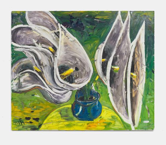 Calla Lilies blue vase yellow table by Ken Taylor Reynaga contemporary artwork Painting