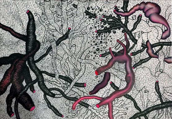 Blooded flowerscape by Pakkiyarajah Pushpakanthan contemporary artwork Works on Paper
