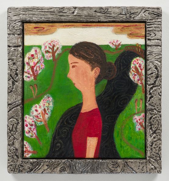Young woman in front of a landscape painting on a folding screen by Masao Nakahara contemporary artwork Painting