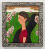 Young woman in front of a landscape painting on a folding screen by Masao Nakahara contemporary artwork Painting