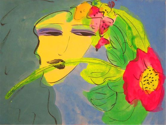 Girl with a Pink Rose  by Walasse Ting contemporary artwork Works on Paper