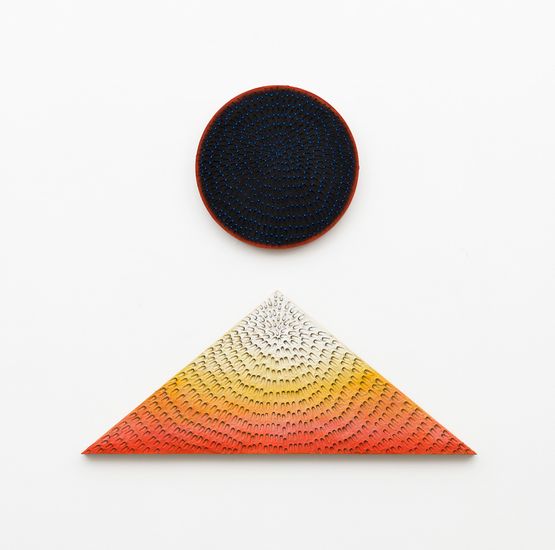 Lunar Sunrise Lunar Sunset Diptych Blue and Light Blue 2MT Painted Yellow Sand SF 1R Black and Orange Yellow Ground Black 1PT Painted Yellow Sand SF 1T White to Red Gradient Yellow Ground by Jennifer Guidi contemporary artwork Mixed Media