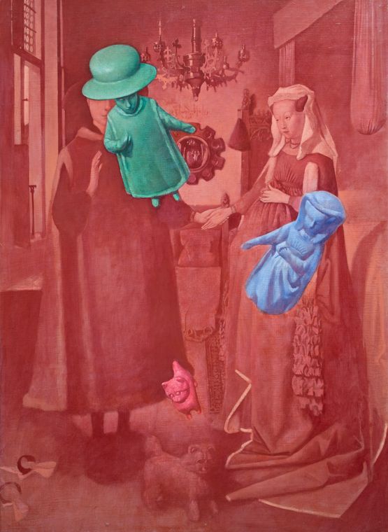 Floating - Portrait of Arnolfini and His Wife Red by Tomoaki Ichikawa contemporary artwork Painting