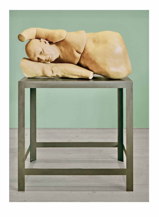 Selfportrait HOW TO GET COMFORTABLE IN AN UNCOMFORTABLE WORLD I by Urs Luthi contemporary artwork Sculpture