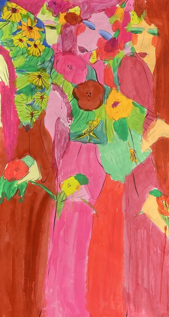 Three Ladies in Red Holding Fans by Meng Yangyang contemporary artwork Drawing