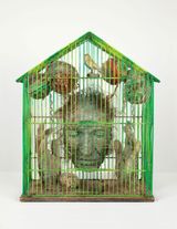 Portrait of Artist Buddha in Paris Meditation entre futur programme et memoire enregistree Portrait of the Artist Buddha in Paris Meditation between the programmed future and recorded memory by Tetsumi Kudo contemporary artwork mixed media sculpture textile